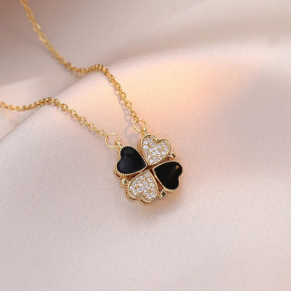 Sparkling Heart-shaped Four Leaf Clover Zircon Pendant Necklace Deformed 4-in-1 Love Titanium Steel Necklace Jewelry Wholesale