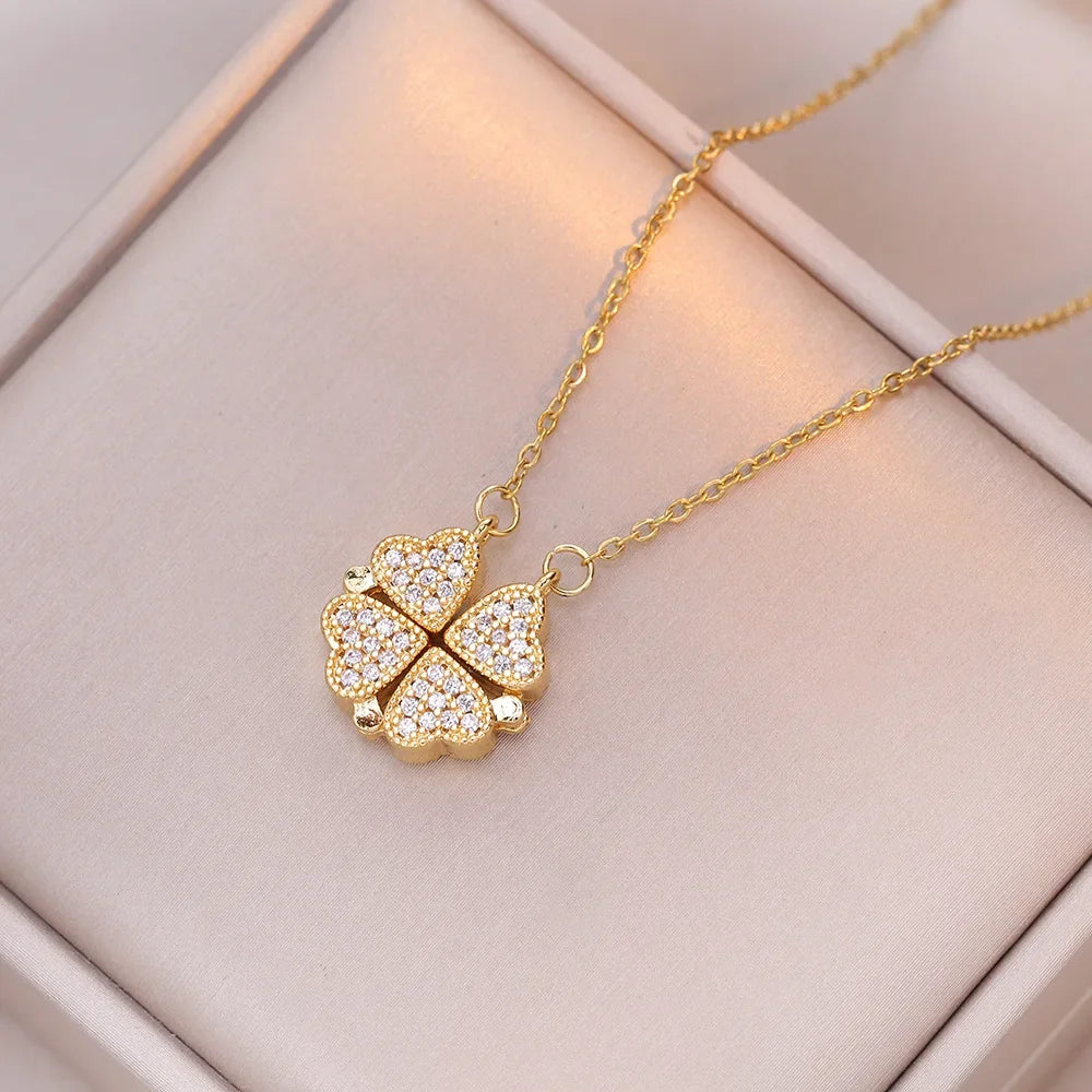 Sparkling Heart-shaped Four Leaf Clover Zircon Pendant Necklace Deformed 4-in-1 Love Titanium Steel Necklace Jewelry Wholesale
