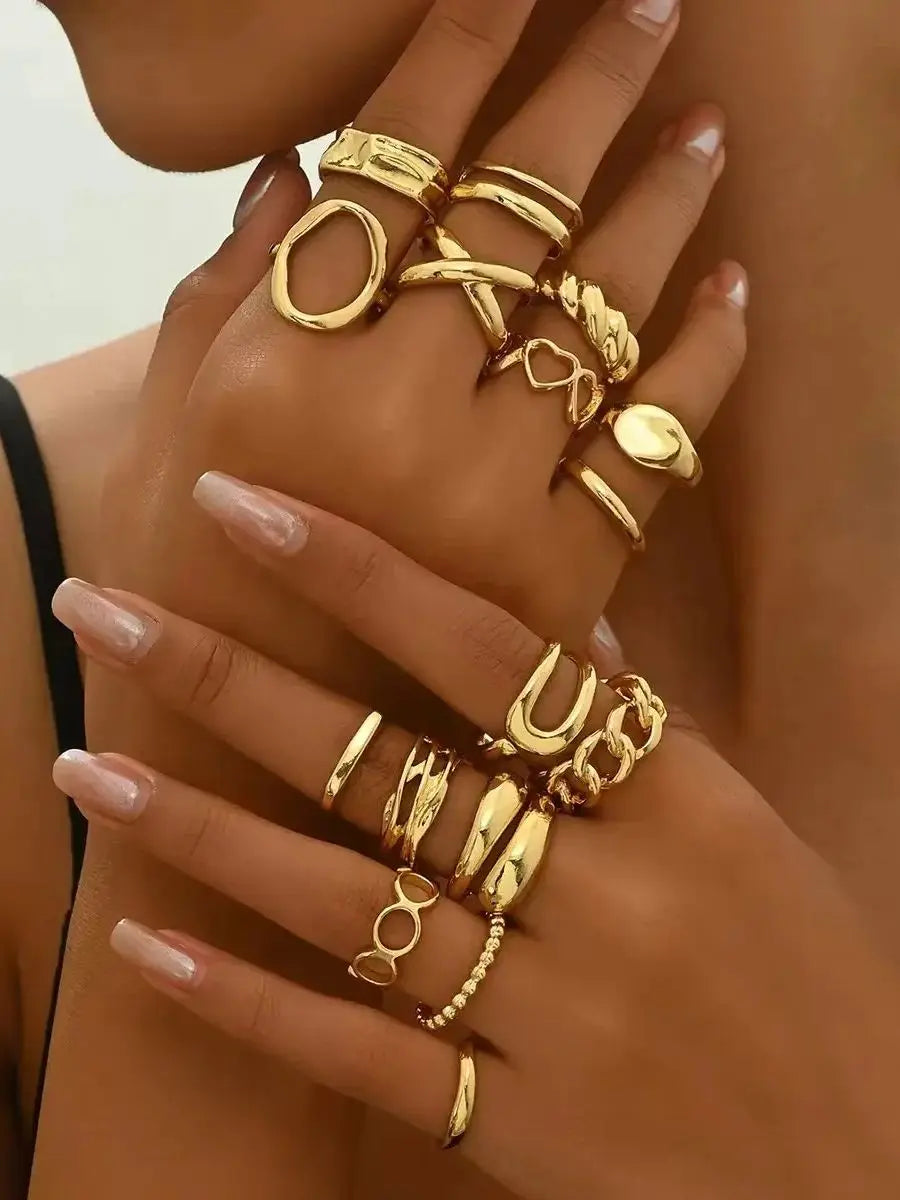 10PC Bohemian-Style Retro Simple Rrregular Gold Fashion Twisted Spiral Mixed Style Ring Set, Suitable As a Jewelry Gift for Ladi