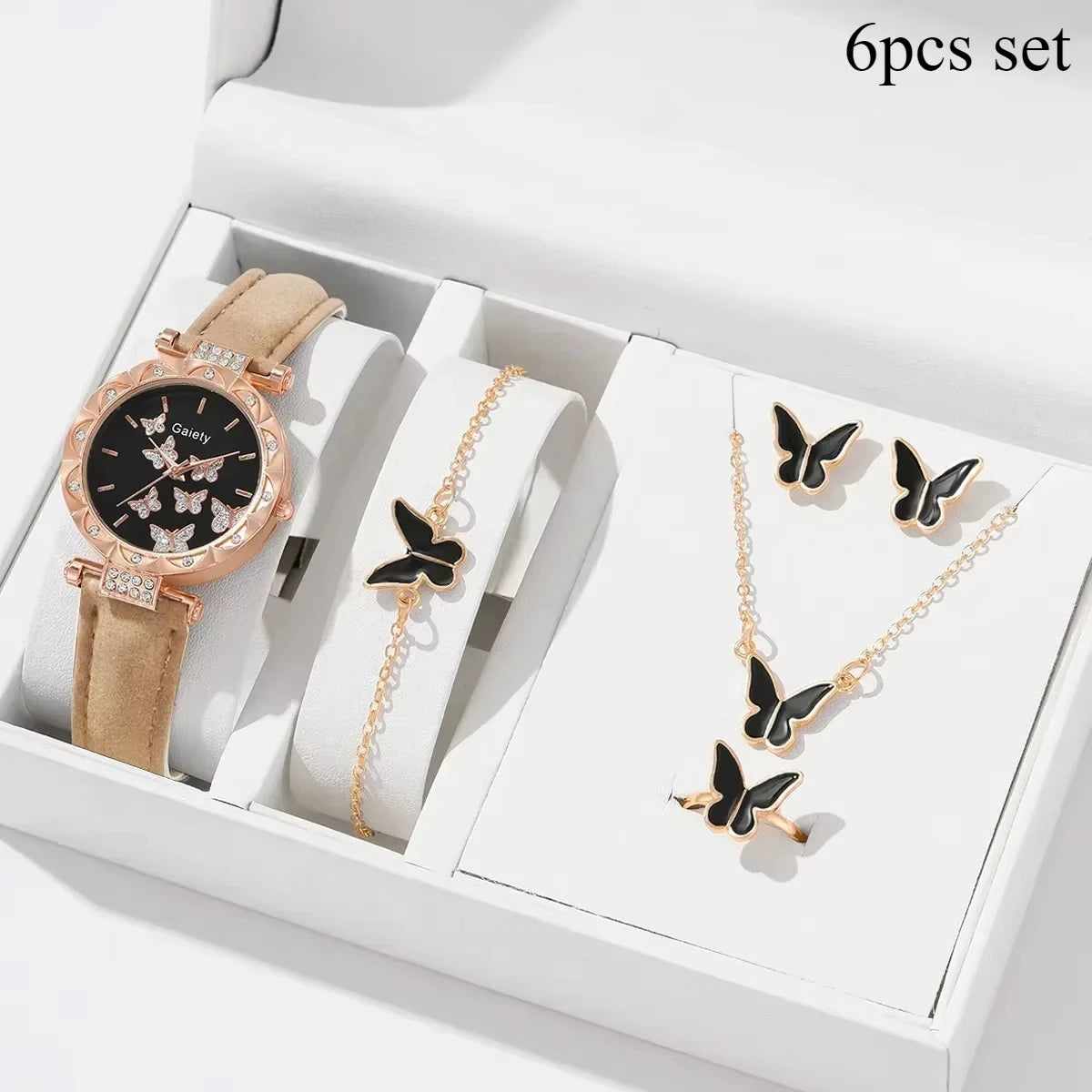 6/1pcs Set Women Watch Ring Necklace Earrings Bracelet Set Watches Butterfly Leather Strap Ladies Quartz WristWatch (No Box)