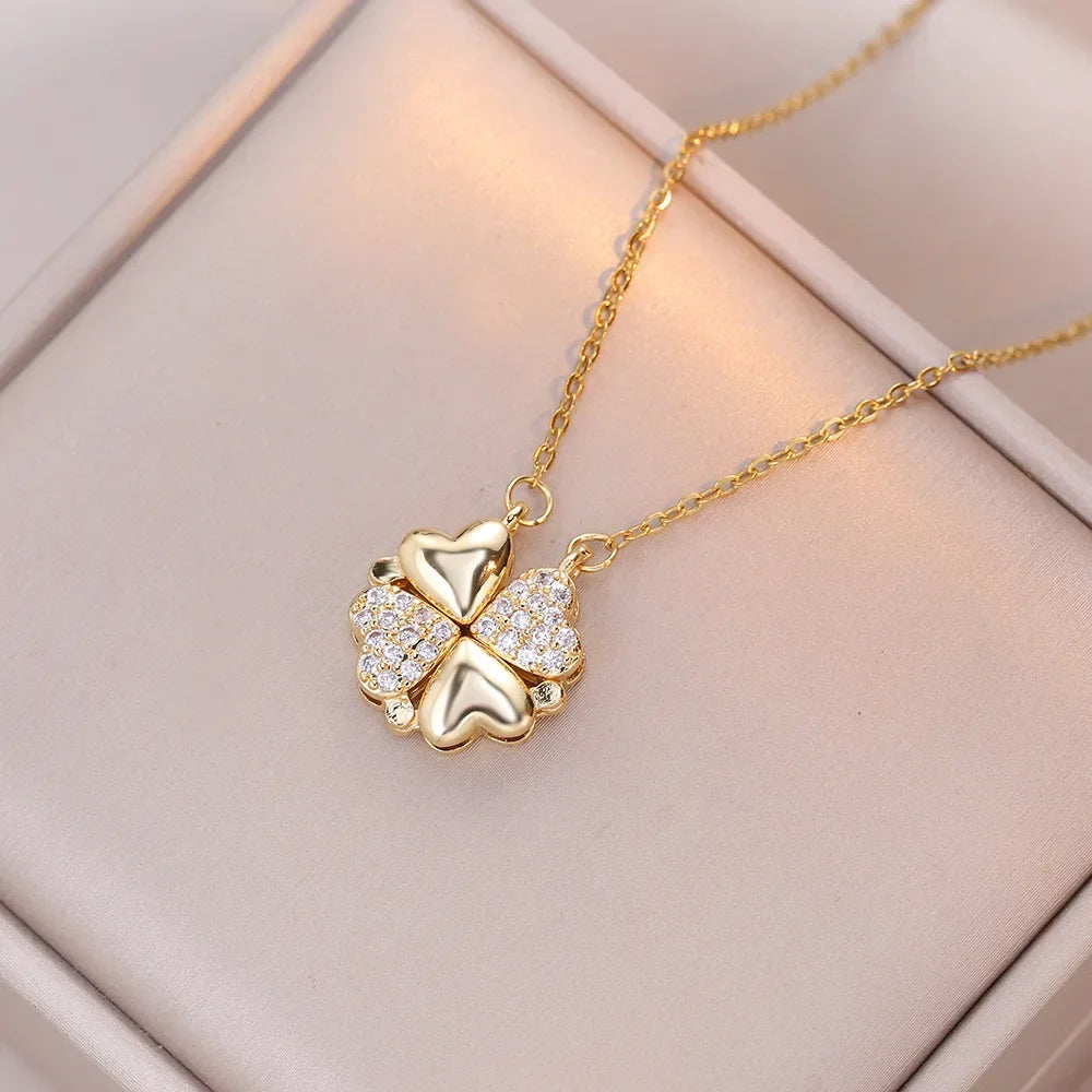 Sparkling Heart-shaped Four Leaf Clover Zircon Pendant Necklace Deformed 4-in-1 Love Titanium Steel Necklace Jewelry Wholesale