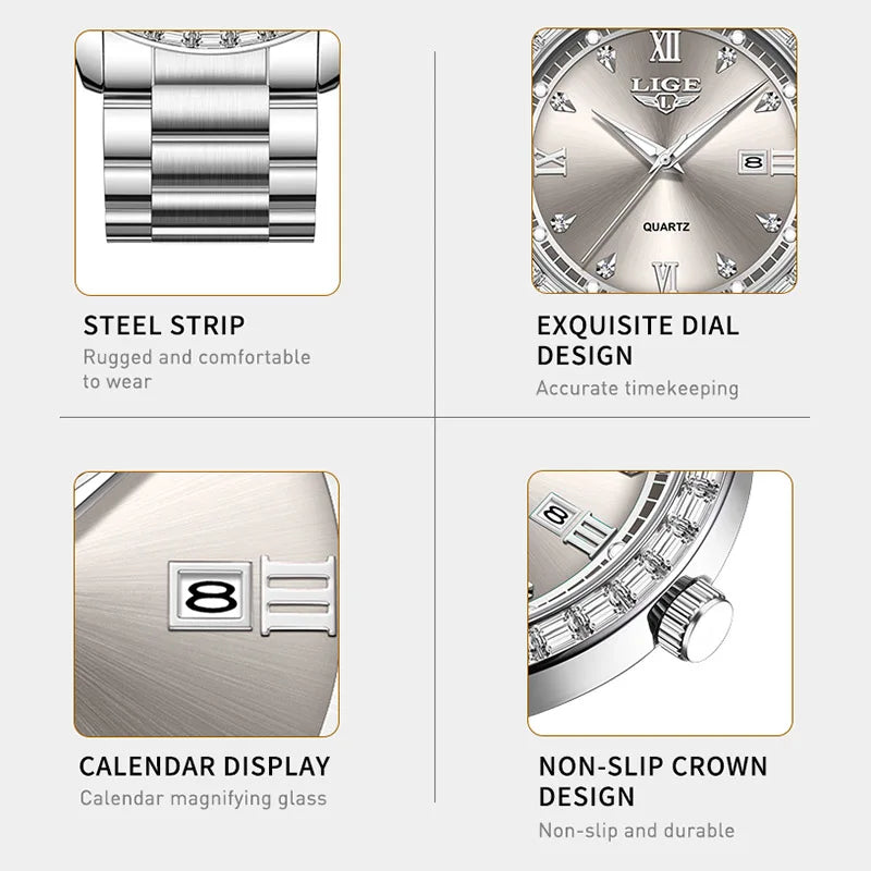 LIGE elegant women's watch Fashion waterproof clock luminous stainless steel business quartz watch for Women reloj de mujer+BOX