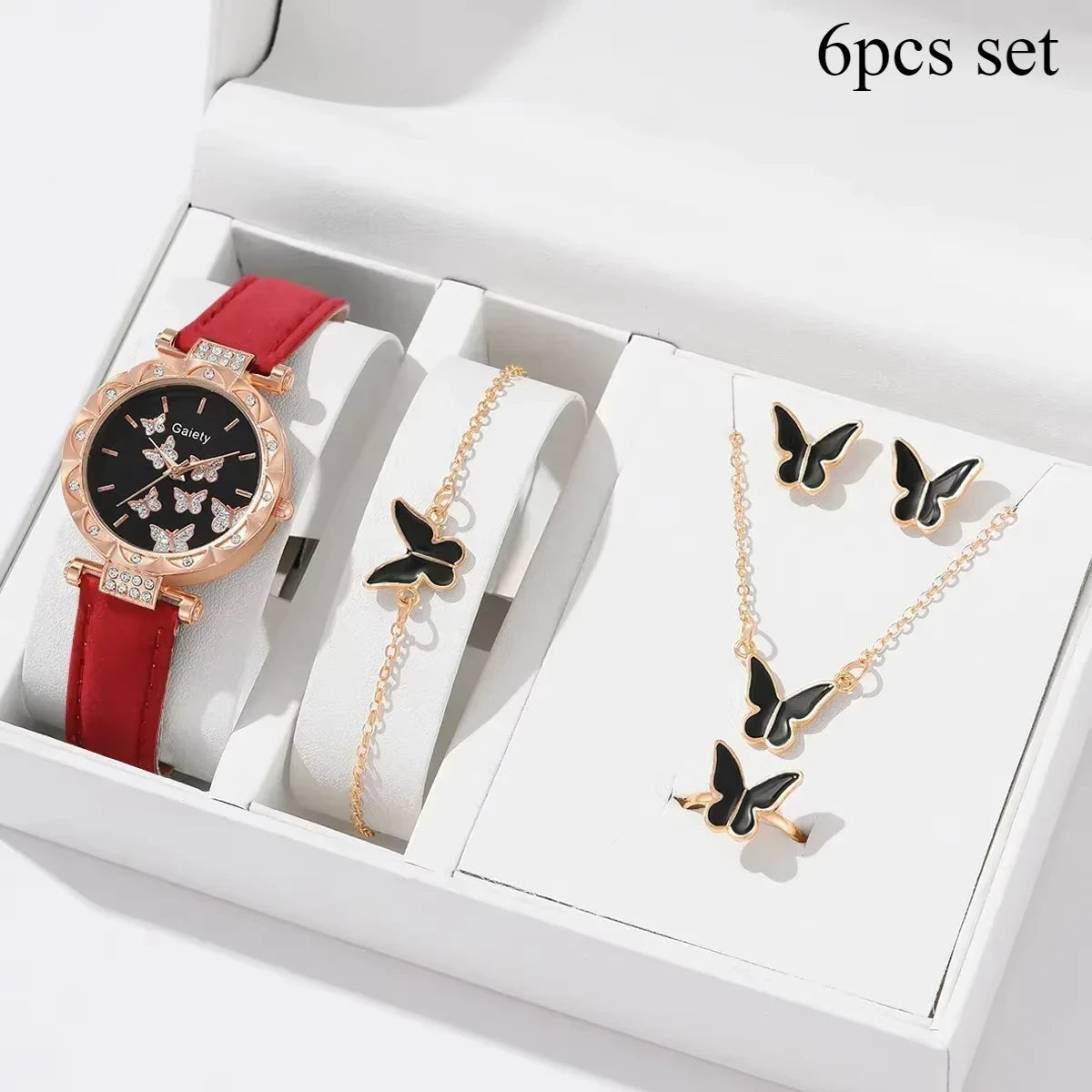 6/1pcs Set Women Watch Ring Necklace Earrings Bracelet Set Watches Butterfly Leather Strap Ladies Quartz WristWatch (No Box)