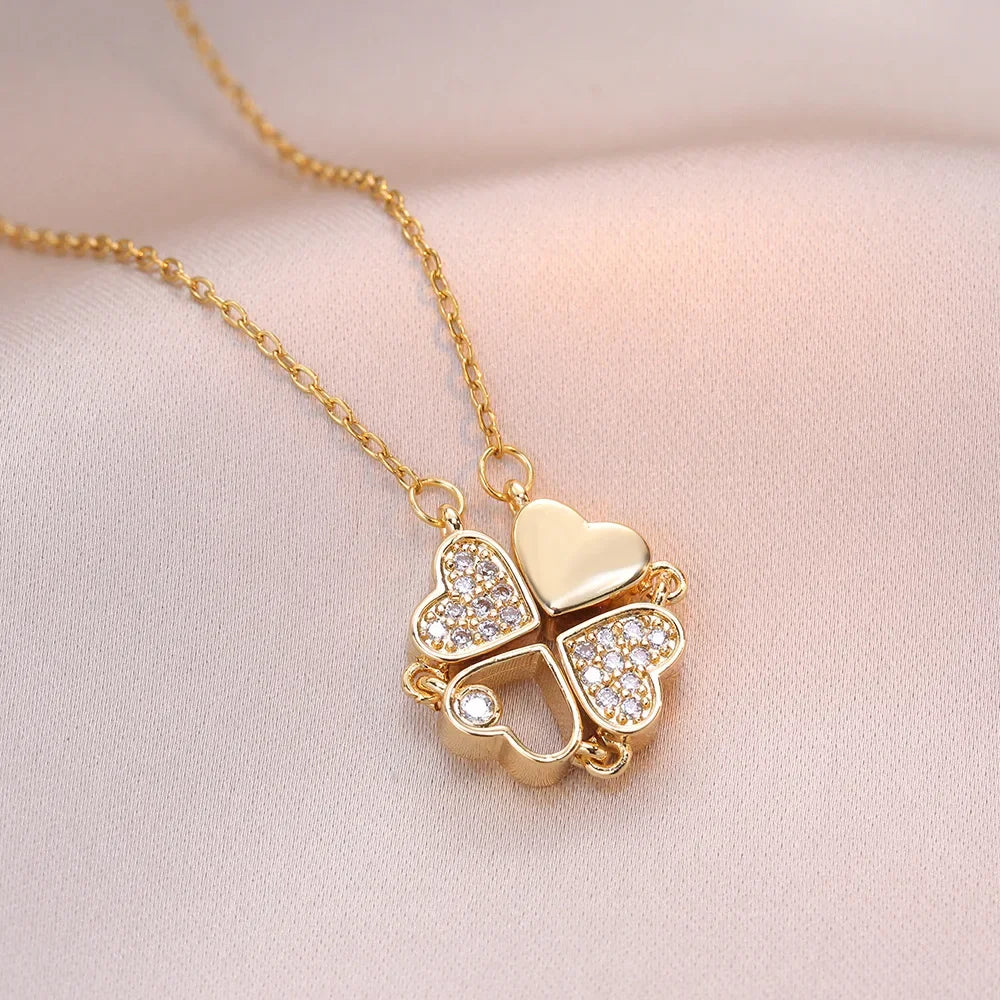 Sparkling Heart-shaped Four Leaf Clover Zircon Pendant Necklace Deformed 4-in-1 Love Titanium Steel Necklace Jewelry Wholesale