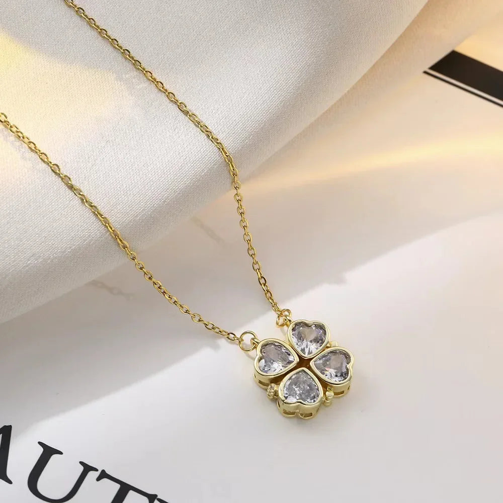 Sparkling Heart-shaped Four Leaf Clover Zircon Pendant Necklace Deformed 4-in-1 Love Titanium Steel Necklace Jewelry Wholesale