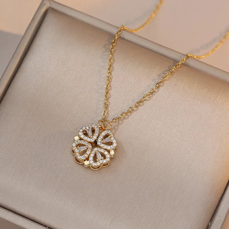 Sparkling Heart-shaped Four Leaf Clover Zircon Pendant Necklace Deformed 4-in-1 Love Titanium Steel Necklace Jewelry Wholesale