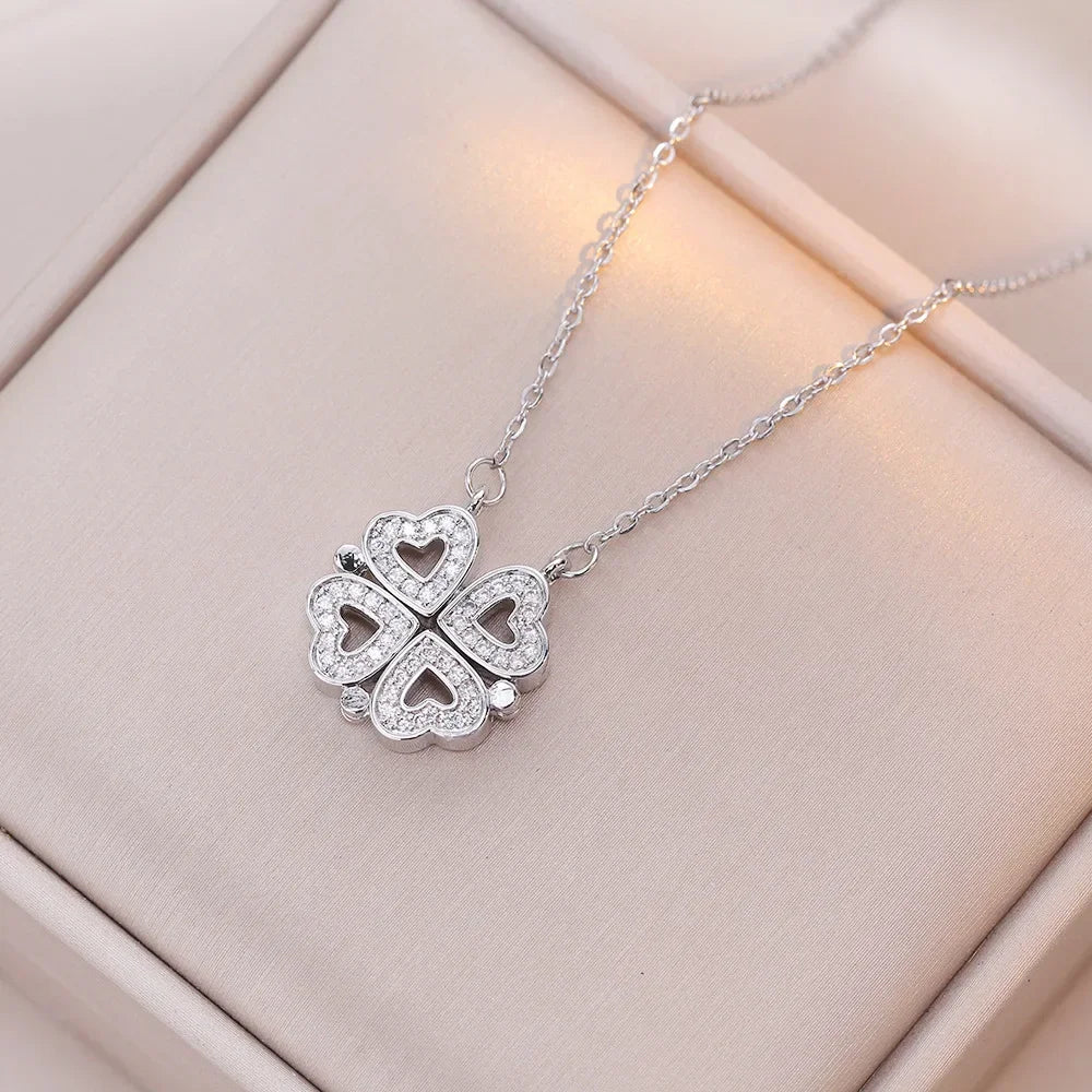 Sparkling Heart-shaped Four Leaf Clover Zircon Pendant Necklace Deformed 4-in-1 Love Titanium Steel Necklace Jewelry Wholesale
