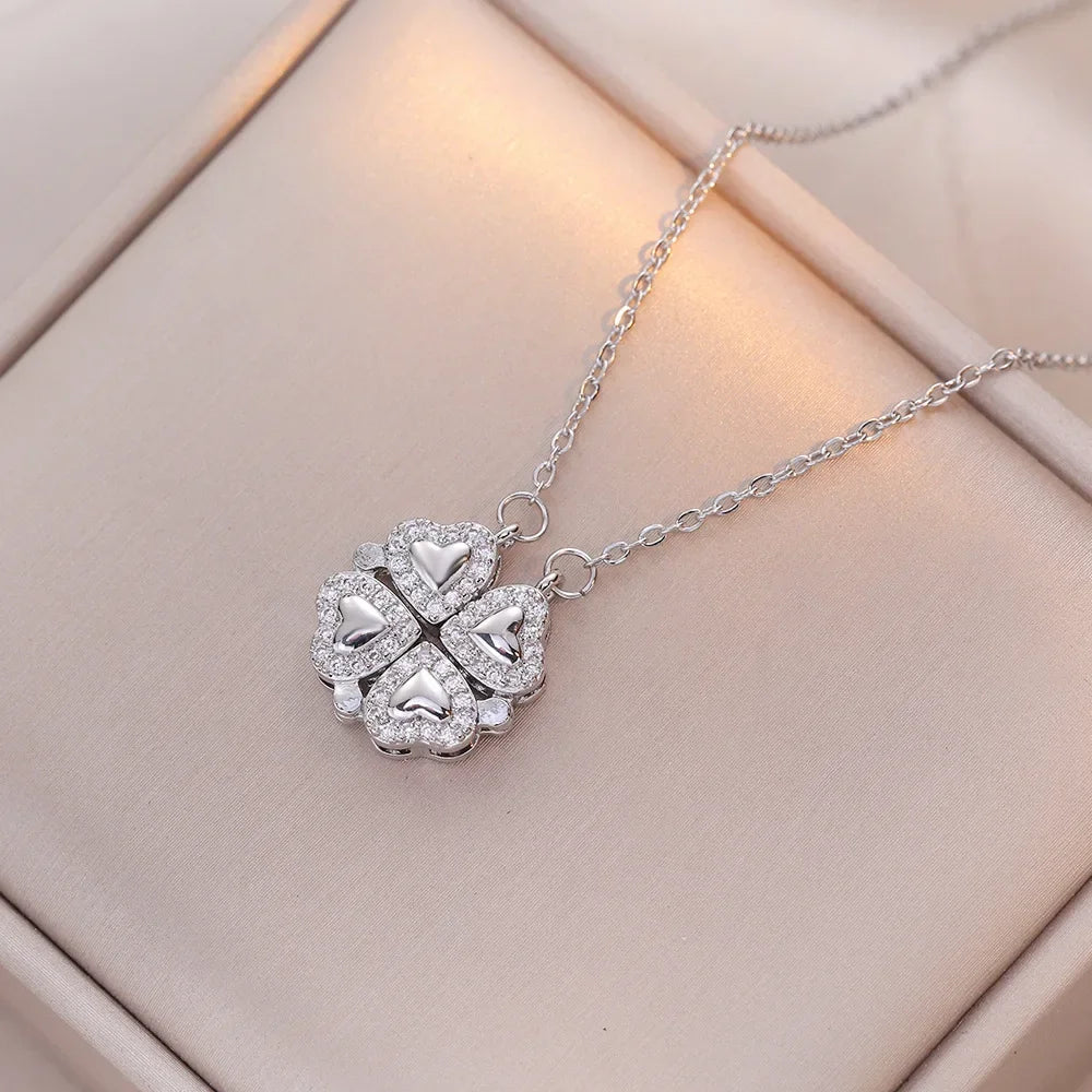Sparkling Heart-shaped Four Leaf Clover Zircon Pendant Necklace Deformed 4-in-1 Love Titanium Steel Necklace Jewelry Wholesale