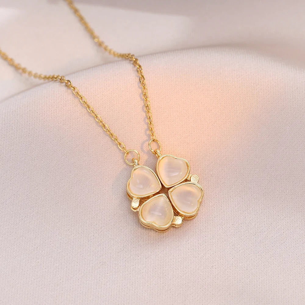 Sparkling Heart-shaped Four Leaf Clover Zircon Pendant Necklace Deformed 4-in-1 Love Titanium Steel Necklace Jewelry Wholesale