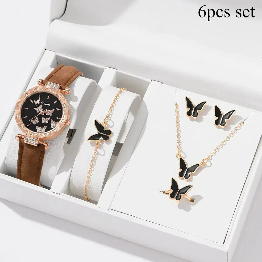 6/1pcs Set Women Watch Ring Necklace Earrings Bracelet Set Watches Butterfly Leather Strap Ladies Quartz WristWatch (No Box)