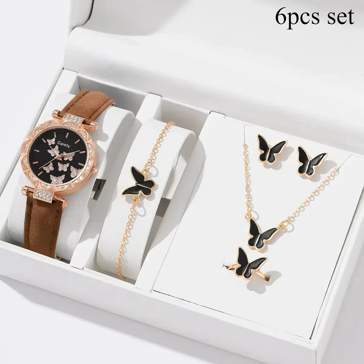 6/1pcs Set Women Watch Ring Necklace Earrings Bracelet Set Watches Butterfly Leather Strap Ladies Quartz WristWatch (No Box)