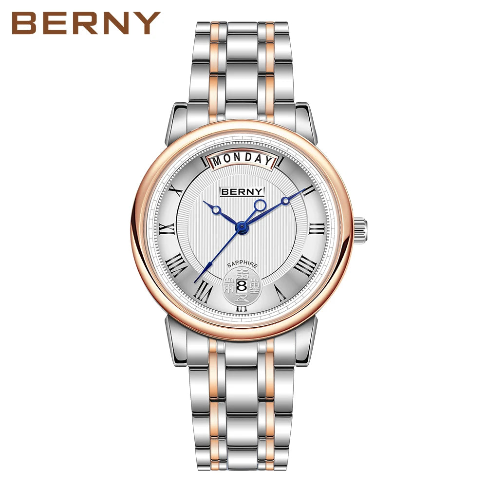BERNY Women Watch Ladies Quartz Roman Numerals Day Date Calendar Watches Sapphire Glass Solid Steel Strap Women Wristwatch