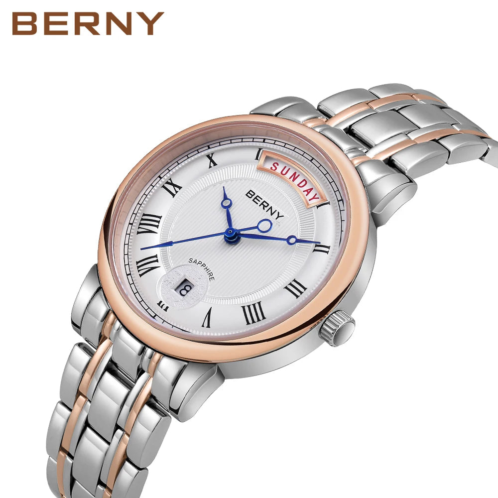 BERNY Women Watch Ladies Quartz Roman Numerals Day Date Calendar Watches Sapphire Glass Solid Steel Strap Women Wristwatch