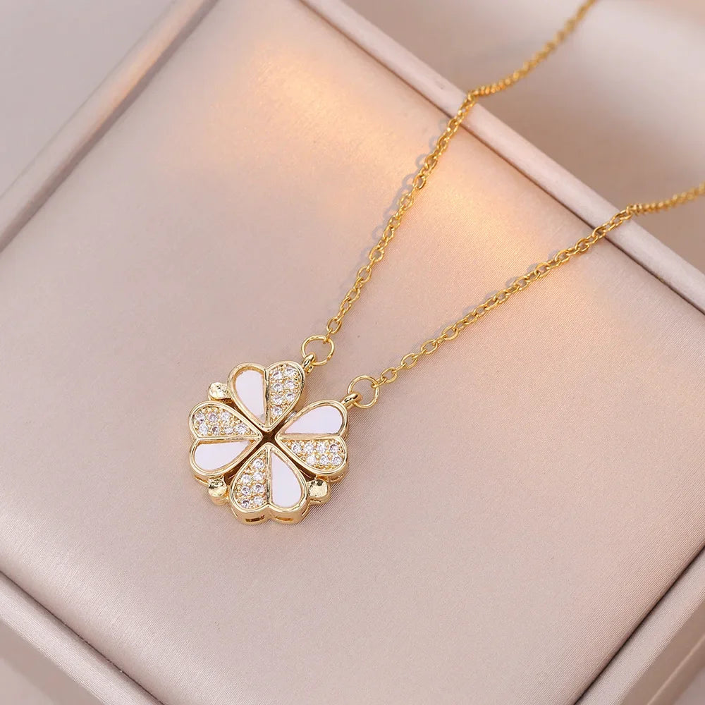 Sparkling Heart-shaped Four Leaf Clover Zircon Pendant Necklace Deformed 4-in-1 Love Titanium Steel Necklace Jewelry Wholesale
