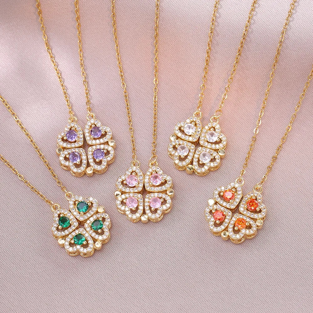 Sparkling Heart-shaped Four Leaf Clover Zircon Pendant Necklace Deformed 4-in-1 Love Titanium Steel Necklace Jewelry Wholesale