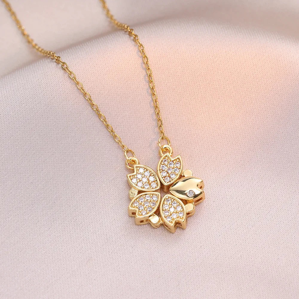 Sparkling Heart-shaped Four Leaf Clover Zircon Pendant Necklace Deformed 4-in-1 Love Titanium Steel Necklace Jewelry Wholesale