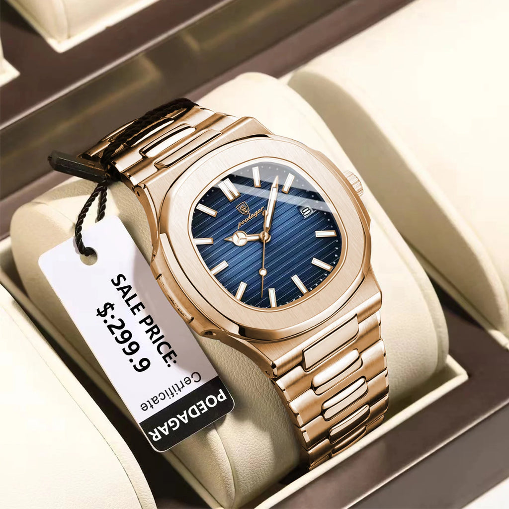 POEDAGAR Fashion Square Male Quartz Watch Waterproof Luminous Date Stainless Steel Man Watch Business Luxury Men's Watches Reloj