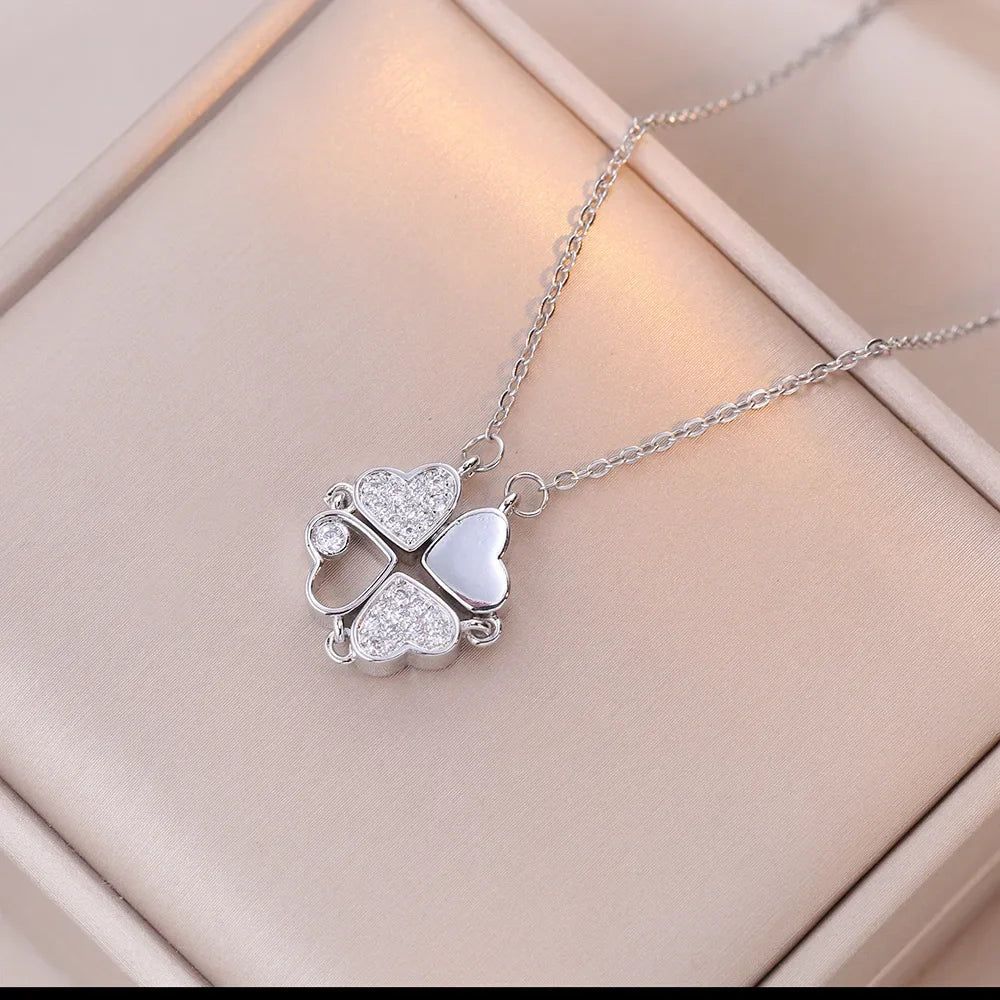 Sparkling Heart-shaped Four Leaf Clover Zircon Pendant Necklace Deformed 4-in-1 Love Titanium Steel Necklace Jewelry Wholesale