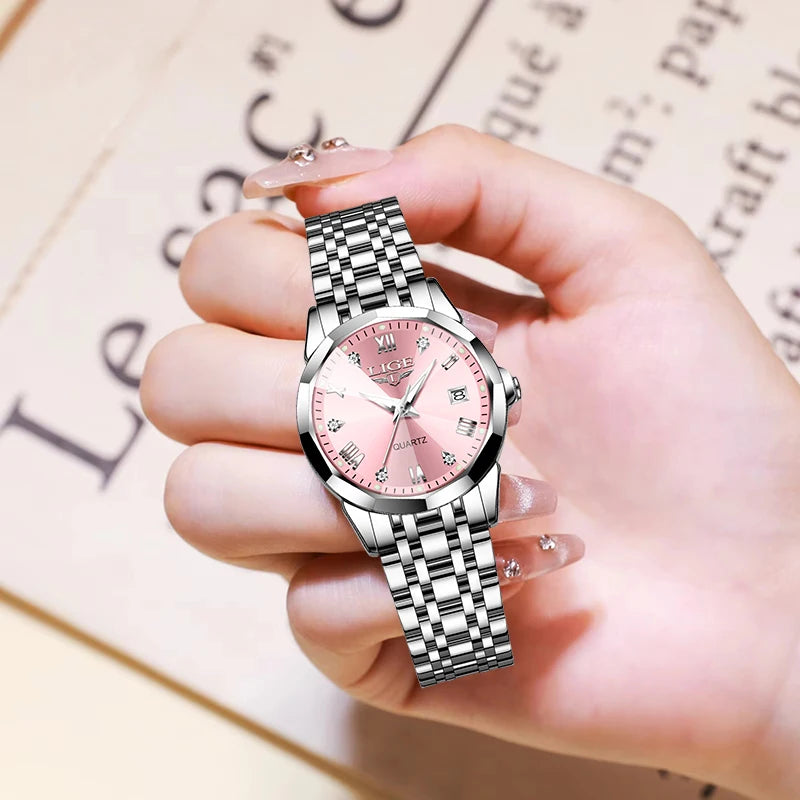 LIGE Elegant Ultrathin Nordic Simple Style Quartz Movement Women's Wristwatch Fashion Stainless Steel Bracelet Belt Woman Watch