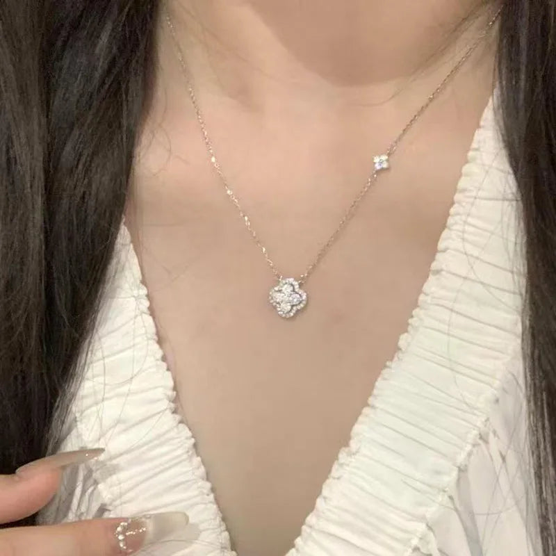 925 Sterling Silver Crystal 4-leaf Clover Clavicle Chain Necklace Pendant For Women Wedding Jewelry Gift Collar New in Necklace