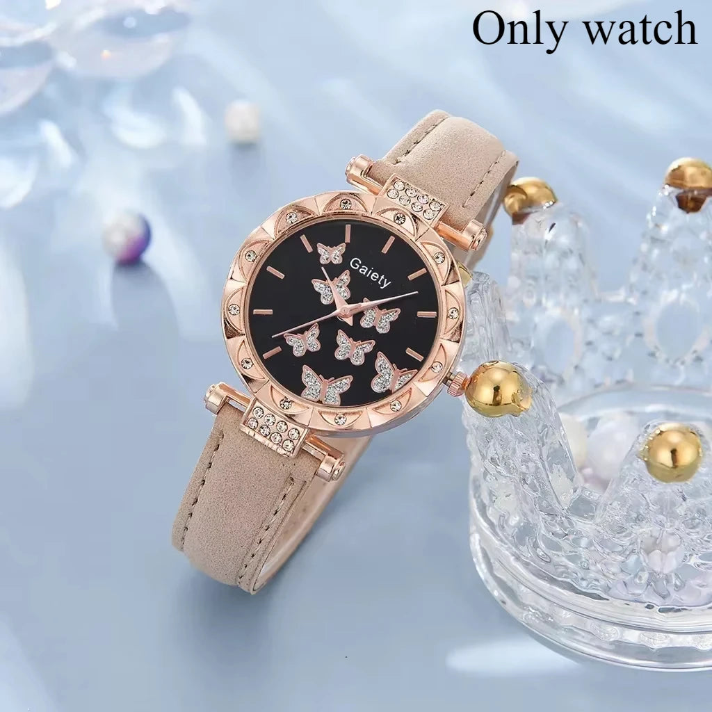 6/1pcs Set Women Watch Ring Necklace Earrings Bracelet Set Watches Butterfly Leather Strap Ladies Quartz WristWatch (No Box)