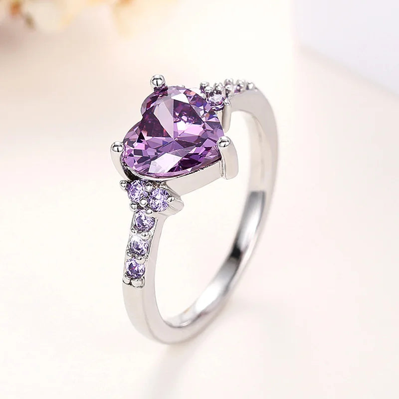 Huitan Purple Heart Cubic Zirconia Rings for Women Unique Wedding Engagement Accessories Fancy Lady Gift Romantic Trendy Jewelry
