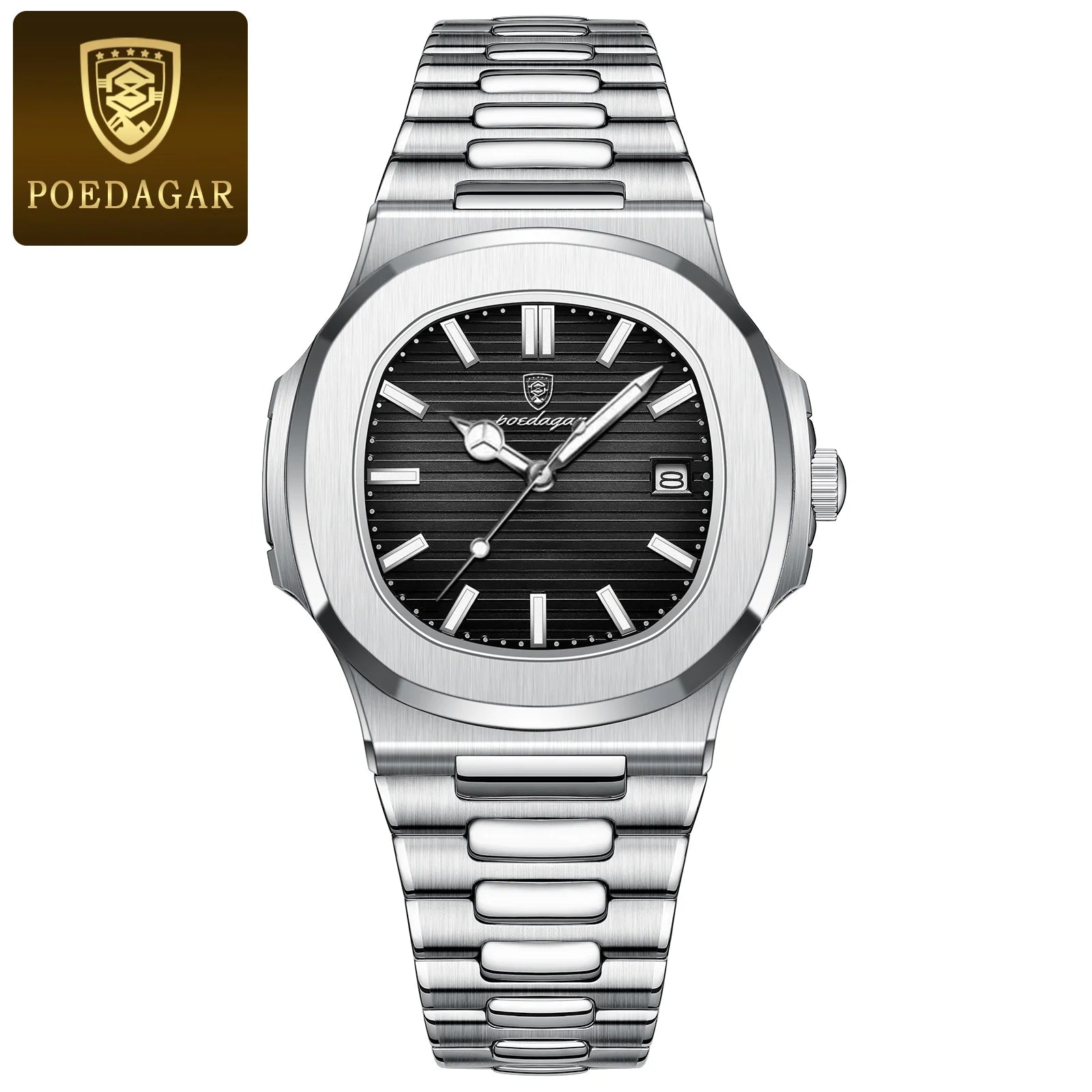 POEDAGAR Fashion Square Male Quartz Watch Waterproof Luminous Date Stainless Steel Man Watch Business Luxury Men's Watches Reloj