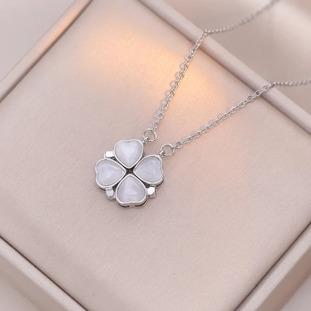 Sparkling Heart-shaped Four Leaf Clover Zircon Pendant Necklace Deformed 4-in-1 Love Titanium Steel Necklace Jewelry Wholesale