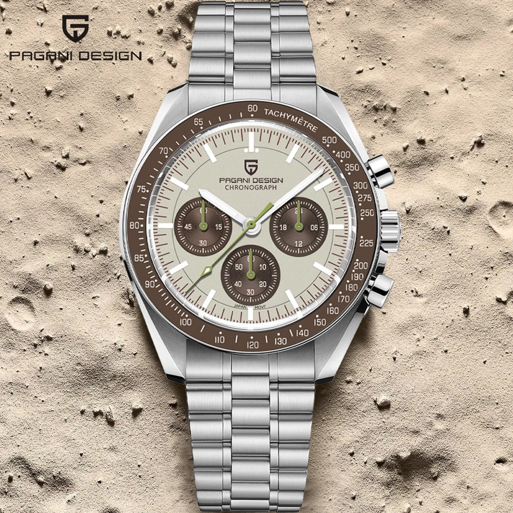 PAGANI DESIGN 2025 New Saturn Men's Watches Top Luxury Quartz Watch Men Light Tan Chronograph AR Sapphire crystal Wristwatch Men