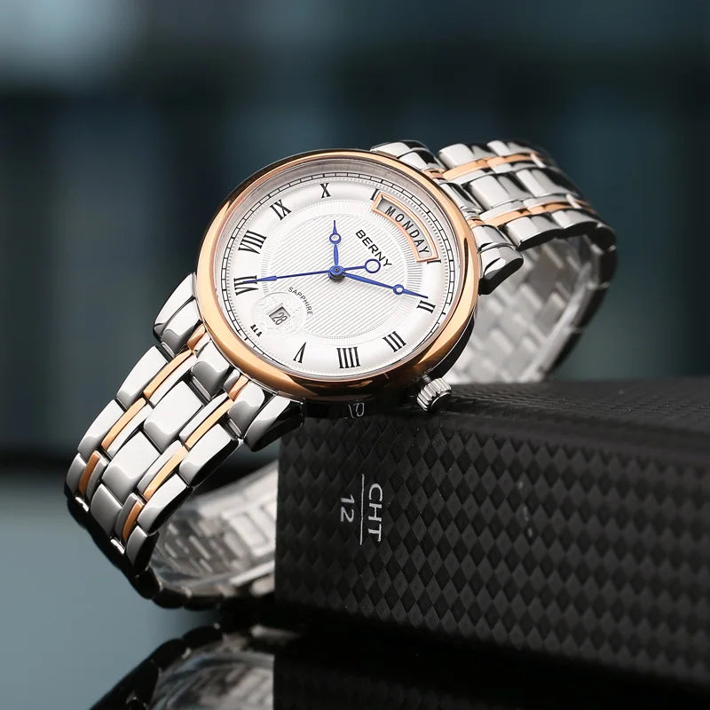 BERNY Women Watch Ladies Quartz Roman Numerals Day Date Calendar Watches Sapphire Glass Solid Steel Strap Women Wristwatch