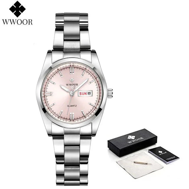 WWOOR New Fashion Pink Dial Ladies Quartz Wristwatches Luxury Watch For Women Waterproof Casual Dress Female Clock Montre Femme