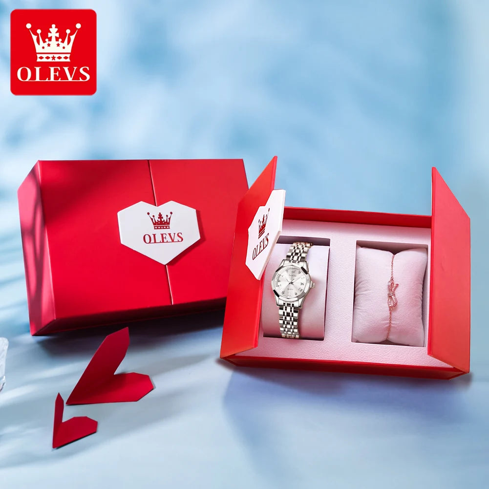 OLEVS Top Brand Elegant Women's Watches Rhombus Mirror Original Quartz Lady Wristwatch Diamond Stainless Fashion Waterproof