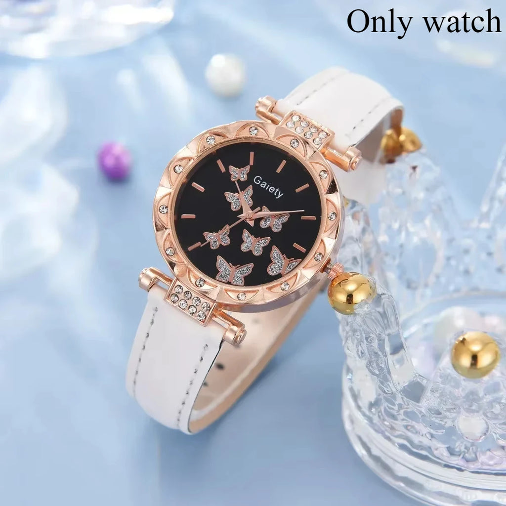 6/1pcs Set Women Watch Ring Necklace Earrings Bracelet Set Watches Butterfly Leather Strap Ladies Quartz WristWatch (No Box)