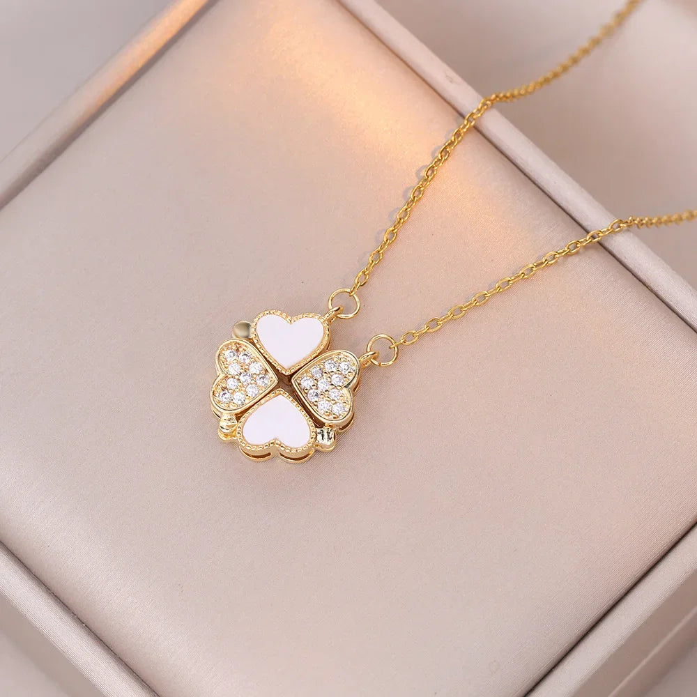 Sparkling Heart-shaped Four Leaf Clover Zircon Pendant Necklace Deformed 4-in-1 Love Titanium Steel Necklace Jewelry Wholesale