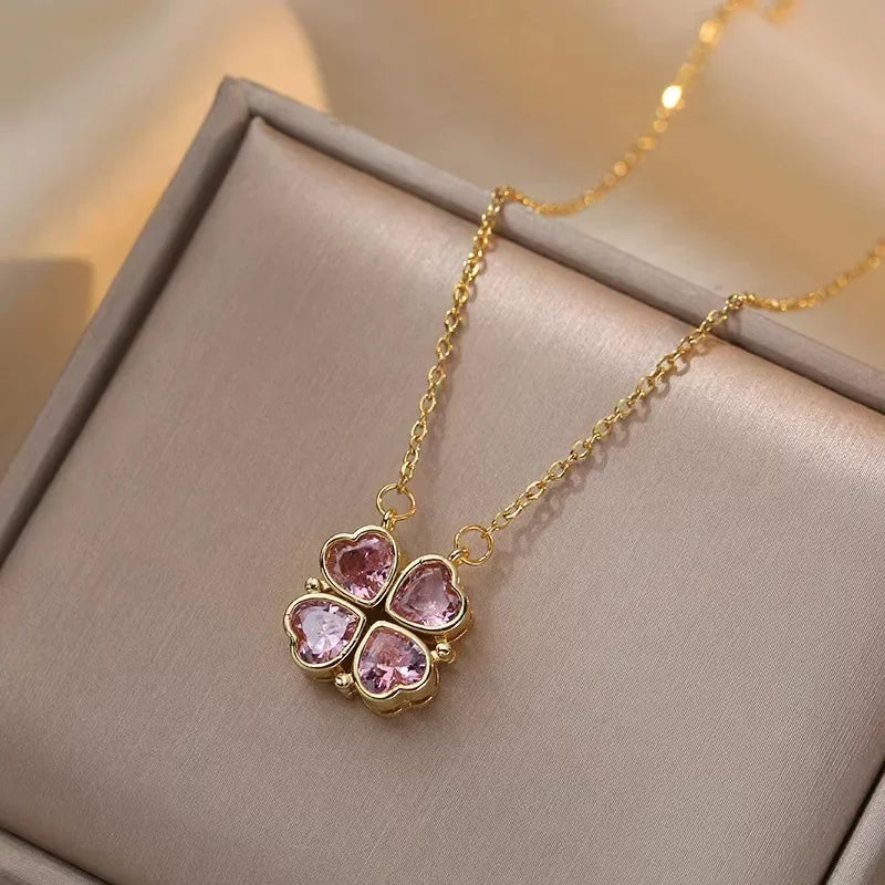 Sparkling Heart-shaped Four Leaf Clover Zircon Pendant Necklace Deformed 4-in-1 Love Titanium Steel Necklace Jewelry Wholesale