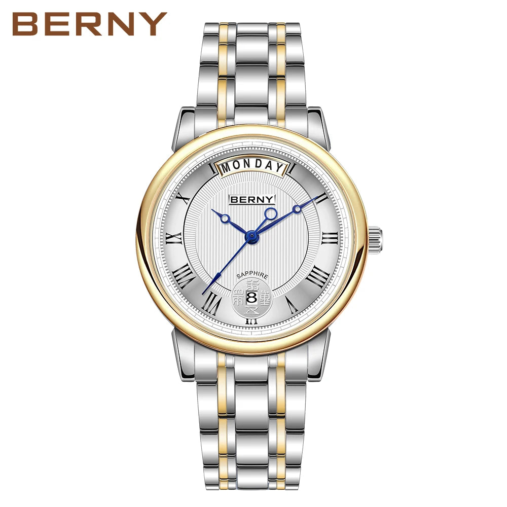 BERNY Women Watch Ladies Quartz Roman Numerals Day Date Calendar Watches Sapphire Glass Solid Steel Strap Women Wristwatch