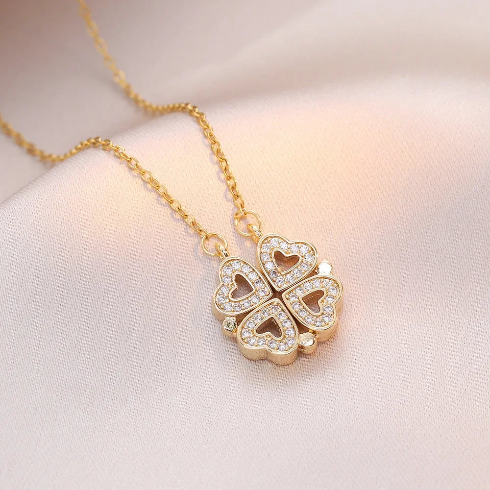 Sparkling Heart-shaped Four Leaf Clover Zircon Pendant Necklace Deformed 4-in-1 Love Titanium Steel Necklace Jewelry Wholesale