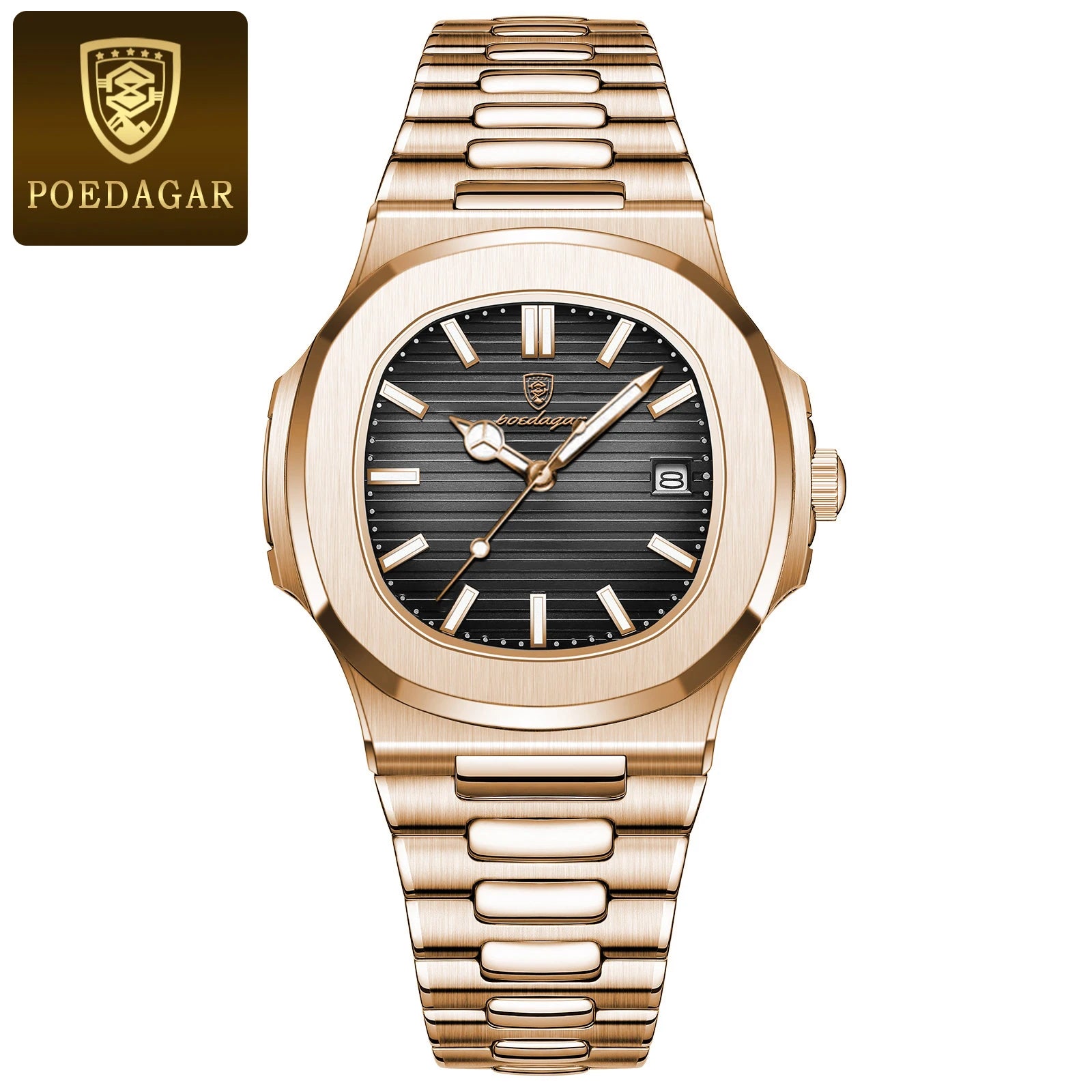 POEDAGAR Fashion Square Male Quartz Watch Waterproof Luminous Date Stainless Steel Man Watch Business Luxury Men's Watches Reloj