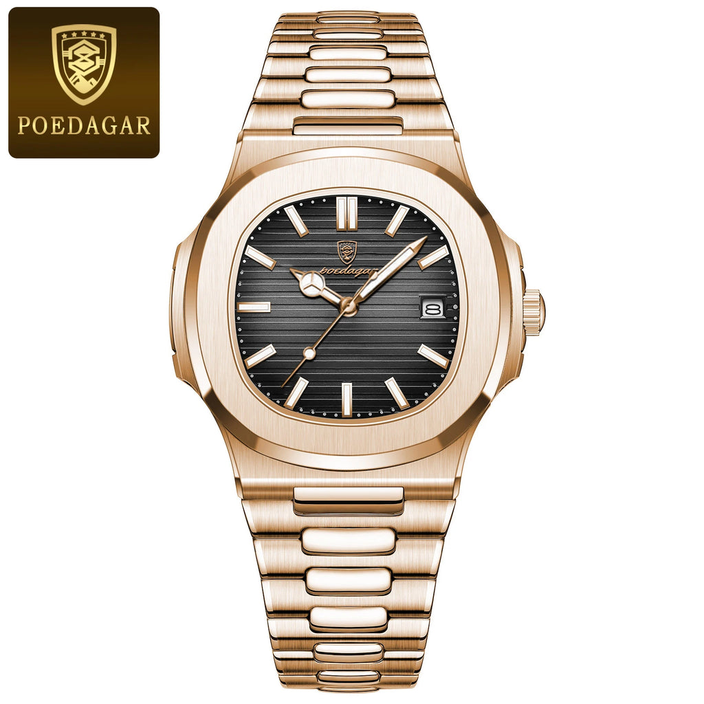 POEDAGAR Fashion Square Male Quartz Watch Waterproof Luminous Date Stainless Steel Man Watch Business Luxury Men's Watches Reloj