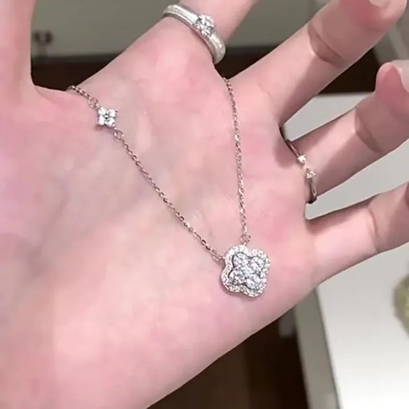 925 Sterling Silver Crystal 4-leaf Clover Clavicle Chain Necklace Pendant For Women Wedding Jewelry Gift Collar New in Necklace