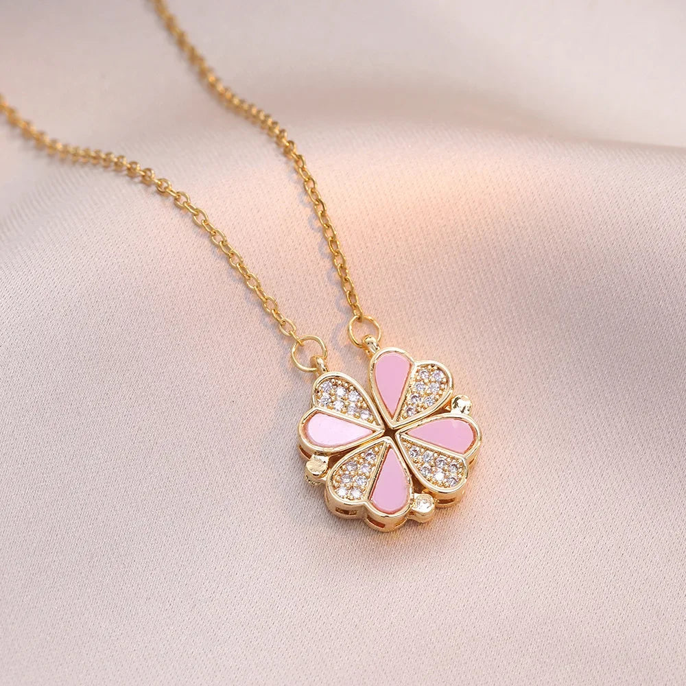 Sparkling Heart-shaped Four Leaf Clover Zircon Pendant Necklace Deformed 4-in-1 Love Titanium Steel Necklace Jewelry Wholesale