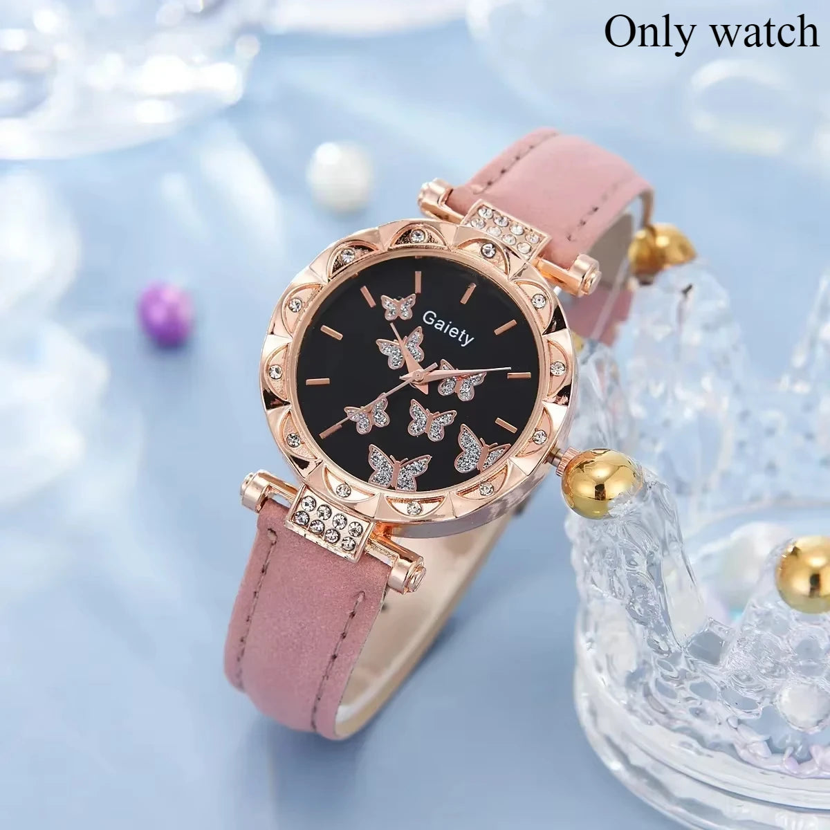 6/1pcs Set Women Watch Ring Necklace Earrings Bracelet Set Watches Butterfly Leather Strap Ladies Quartz WristWatch (No Box)