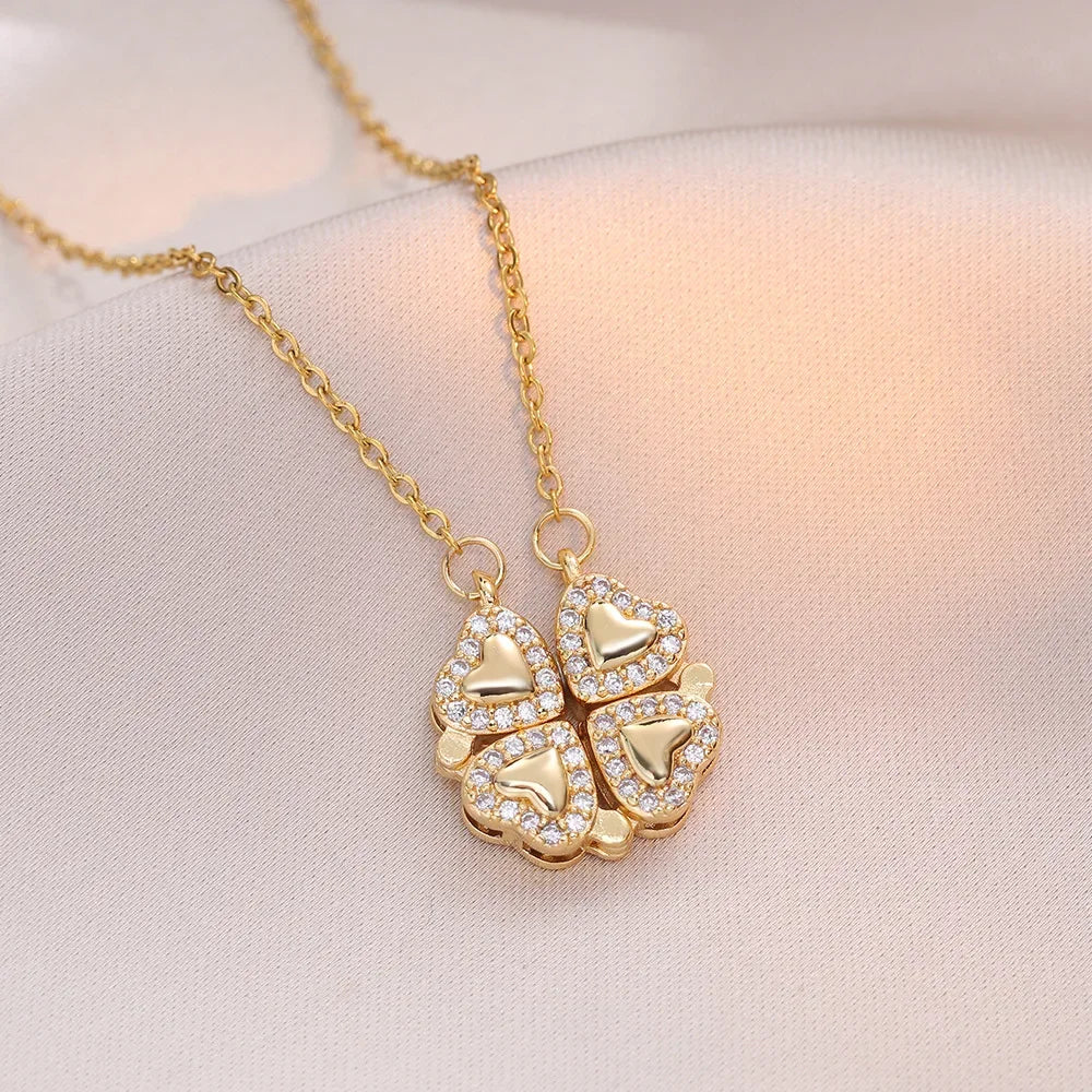 Sparkling Heart-shaped Four Leaf Clover Zircon Pendant Necklace Deformed 4-in-1 Love Titanium Steel Necklace Jewelry Wholesale