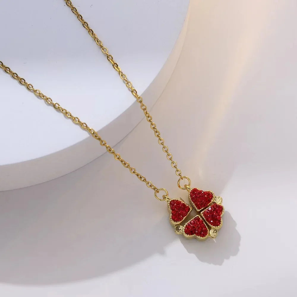 Sparkling Heart-shaped Four Leaf Clover Zircon Pendant Necklace Deformed 4-in-1 Love Titanium Steel Necklace Jewelry Wholesale