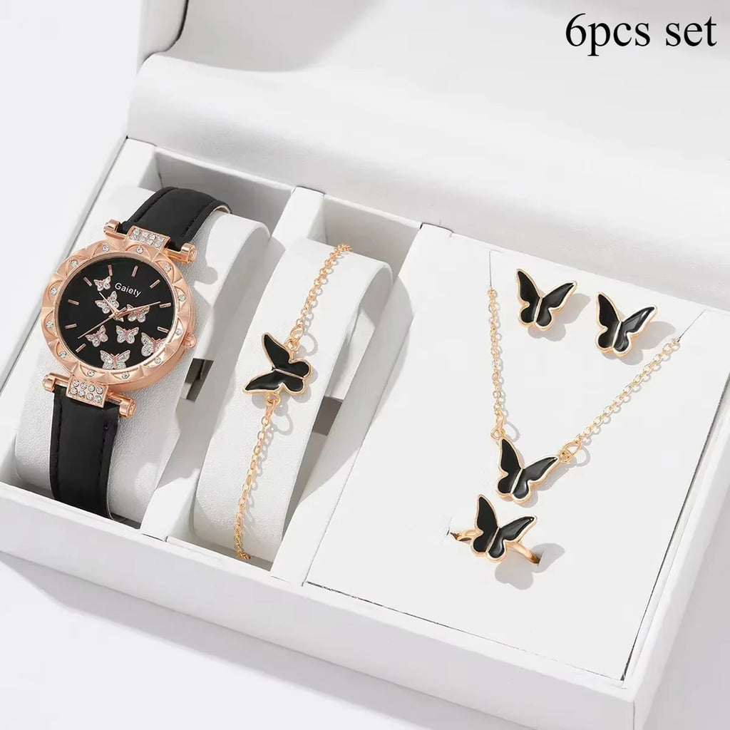 6/1pcs Set Women Watch Ring Necklace Earrings Bracelet Set Watches Butterfly Leather Strap Ladies Quartz WristWatch (No Box)
