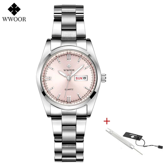 WWOOR New Fashion Pink Dial Ladies Quartz Wristwatches Luxury Watch For Women Waterproof Casual Dress Female Clock Montre Femme