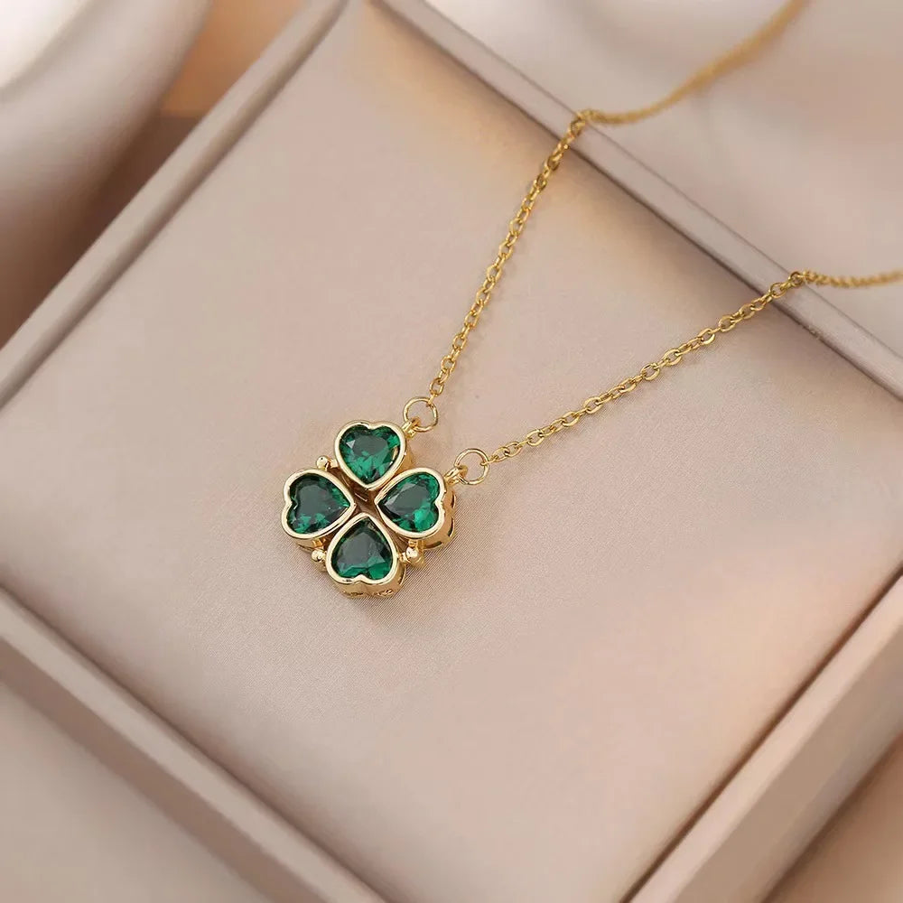 Sparkling Heart-shaped Four Leaf Clover Zircon Pendant Necklace Deformed 4-in-1 Love Titanium Steel Necklace Jewelry Wholesale