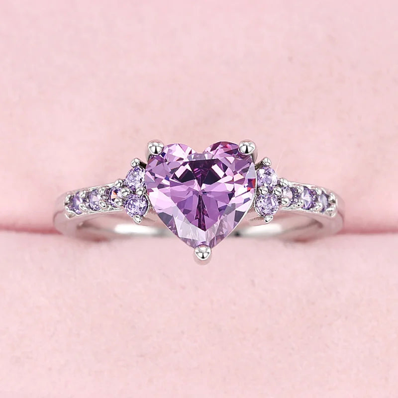 Huitan Purple Heart Cubic Zirconia Rings for Women Unique Wedding Engagement Accessories Fancy Lady Gift Romantic Trendy Jewelry