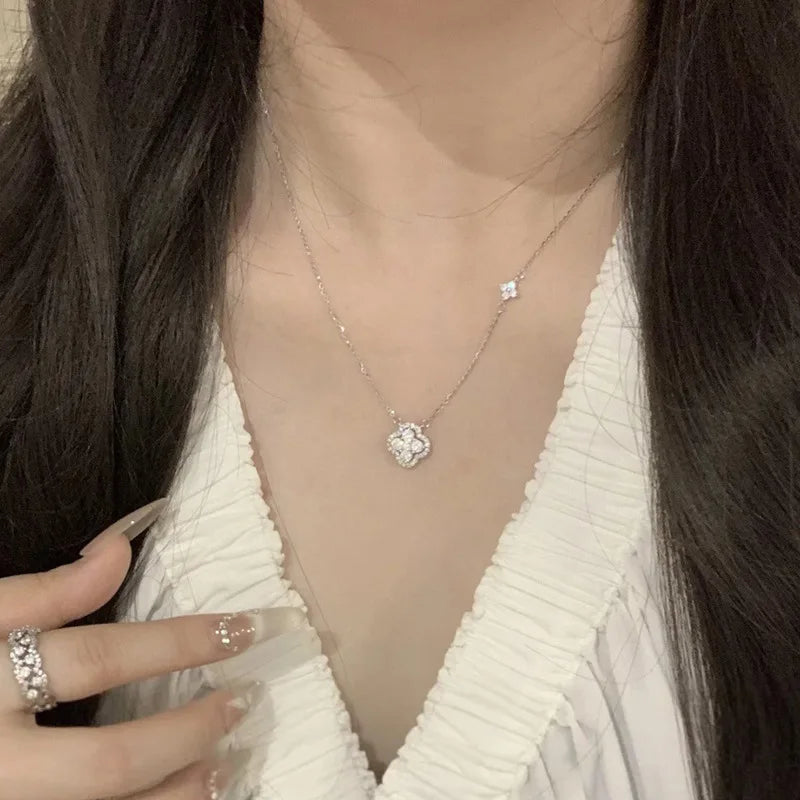 925 Sterling Silver Crystal 4-leaf Clover Clavicle Chain Necklace Pendant For Women Wedding Jewelry Gift Collar New in Necklace