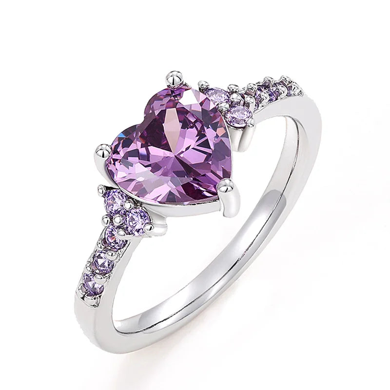 Huitan Purple Heart Cubic Zirconia Rings for Women Unique Wedding Engagement Accessories Fancy Lady Gift Romantic Trendy Jewelry